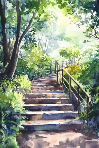 A watercolor illustration of outdoor steps with a metal railing surrounded by lush greenery and dappled sunlight creating a serene, natural atmosphere
