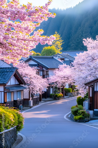 Quiet Japanese village, wooden houses and cherry blossoms bathed in the golden light of the rising sun