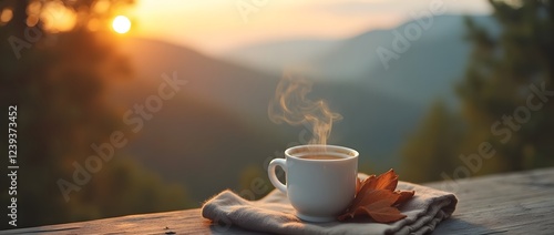 Fragrant coffee with views of the mountain in the evening during sunset. Coffee with a view of high mountains in the evening at sunset. Sunset in the mountains. photo