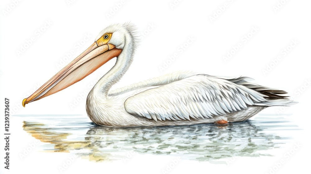 White Pelican floats calmly on lake; nature illustration White Pelican floats calmly on lake; nature illustration
