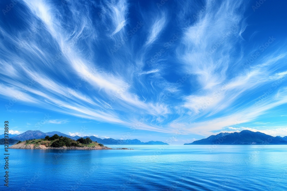 Tropical Sky with Soft Wisps of Clouds Over Serene Water Landscape Tropical Sky with Soft Wisps of Clouds Over Serene Water Landscape