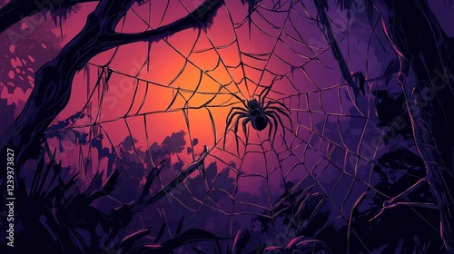 Mysterious Spider Web Glowing at Dusk Among Jungle Foliage