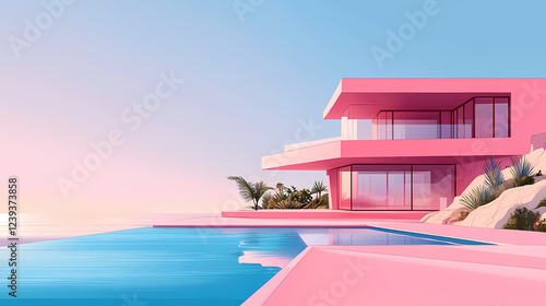 Pink modern house on ocean, minimalist design. Architectural Style. Illustration