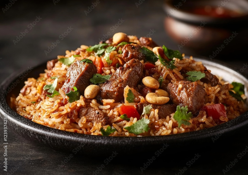 Exquisite aromatic biryani with tender meat and fragrant rice captured in stunning food photography Exquisite aromatic biryani with tender meat and fragrant rice captured in stunning food photography