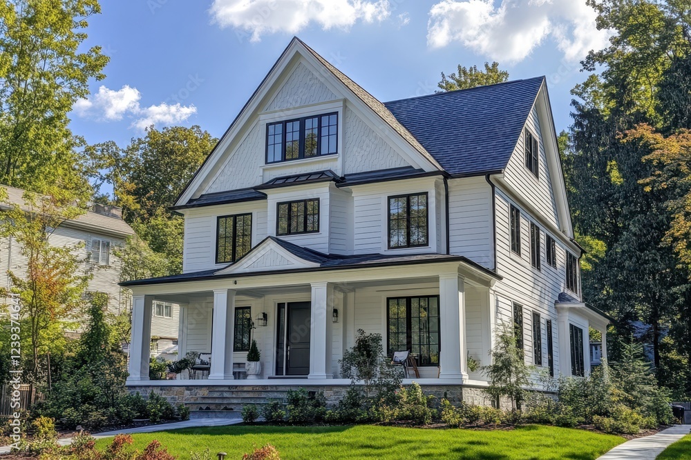 Elegant white gable window with decorative trim on a new East Coast home Elegant white gable window with decorative trim on a new East Coast home