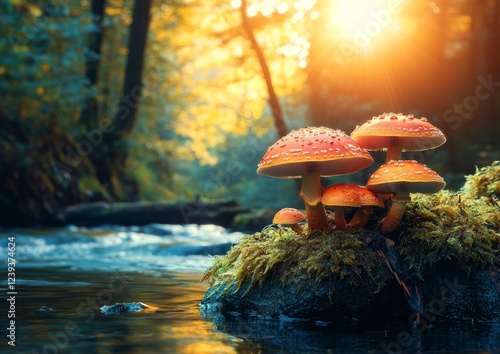 Forest stream, embracing autumn, reveals stunning fungal beauty in nature's glory photo