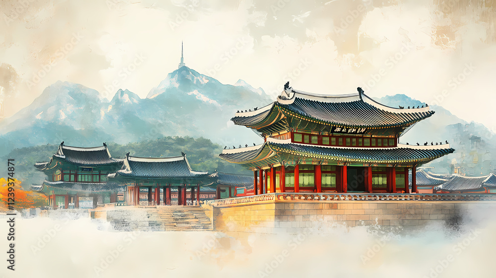 Obraz premium Vintage painting of gyeongbokgung palace rooftops in traditional korean architecture style. Architectural Style. Illustration