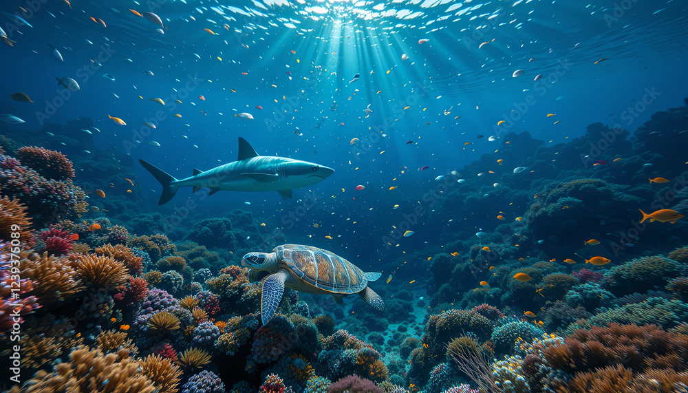 Fototapeta premium A vibrant coral reef bustling with marine life features a graceful turtle gliding near a shark. Sunlight filters through clear water, illuminating a myriad of fish
