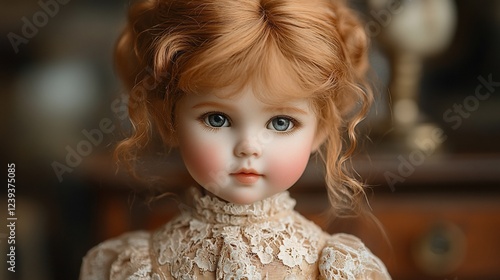 Portrait of a porcelain doll with curly auburn hair and lace dress.