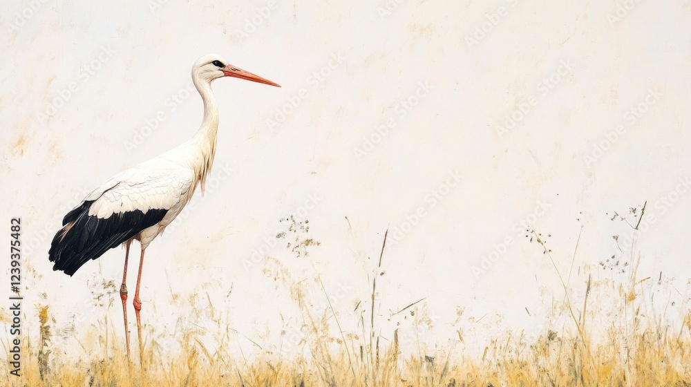 Obraz premium White stork in tall grass, nature background, wildlife photography, postcard design