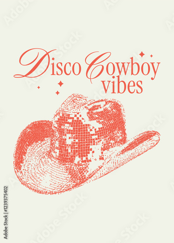 Disco Cowboy Hat. Halftone Wild West Vector for t-shirt print, poster. Retro photocopy vector graphic with text slogan. Dotted element with stipple effect.