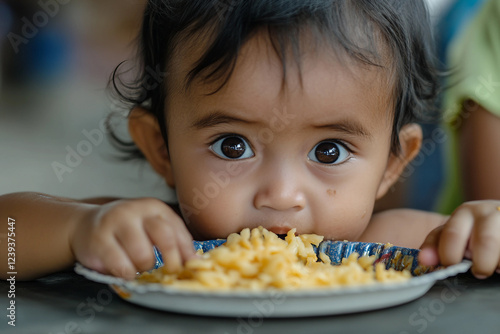 Generative AI image of a cute baby eating food in a highchair with a messy and funny expression photo