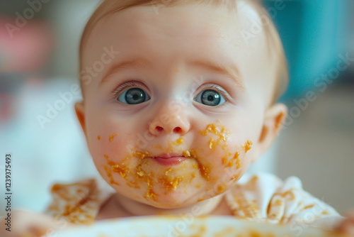 Generative AI image of a cute baby eating food in a highchair with a messy and funny expression photo