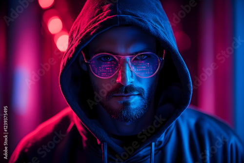 Mysterious man in a hoodie with neon reflections on glasses, symbolizing hacking or cybercrime in a futuristic atmosphere photo