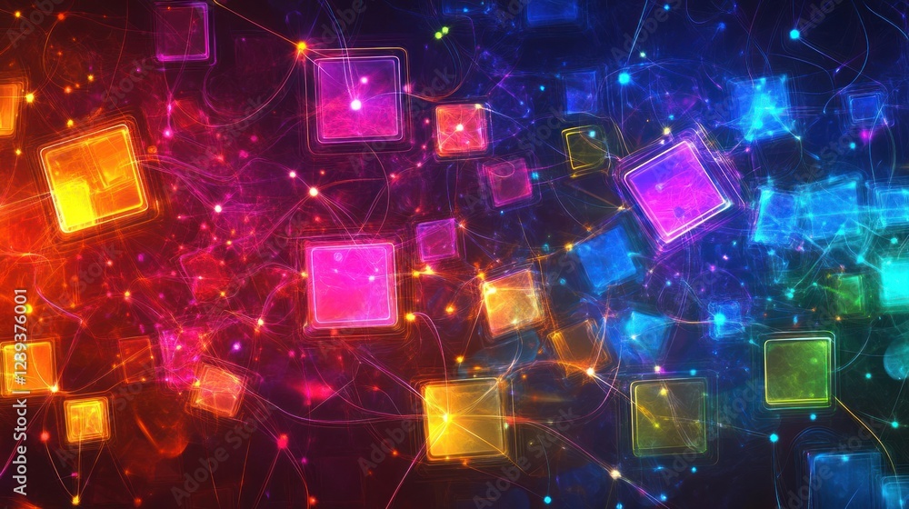 Fototapeta premium Colorful glowing cubes network, abstract background, technology concept