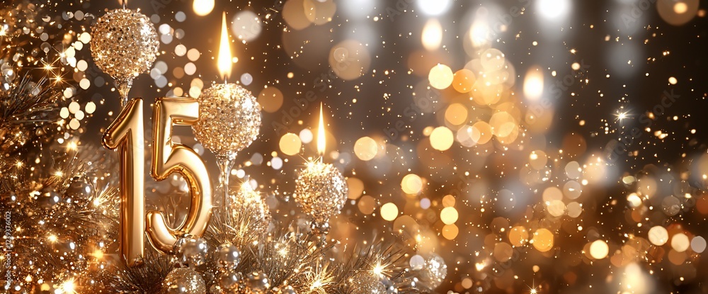 Festive Fifteen Candles, Golden bokeh background. Celebration Festive Fifteen Candles, Golden bokeh background. Celebration
