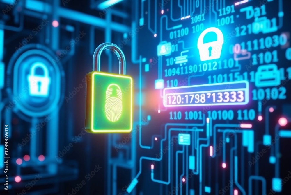 Fototapeta premium A futuristic cybersecurity scene with a glowing digital lock, fingerprint scanner, and encrypted password interface. Neon blue light, binary code, and security . A high-tech cyberpunk effect