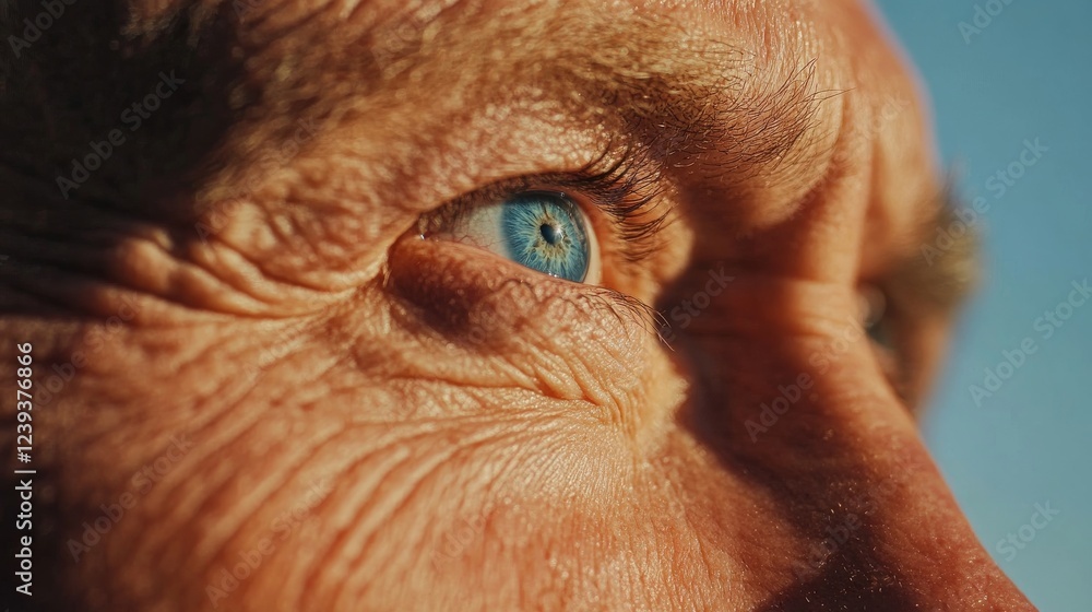 Naklejka premium The striking close-up reveals the deep lines and textures of an elderly person's skin surrounding a vivid blue eye. Soft light enhances the eye's color, highlighting age and wisdom