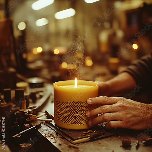 Artisancrafted candle, gently burning, held in a craftsmans hands.  Warm, golden light and subtle smoke create a cozy, handcrafted atmosphere. photo