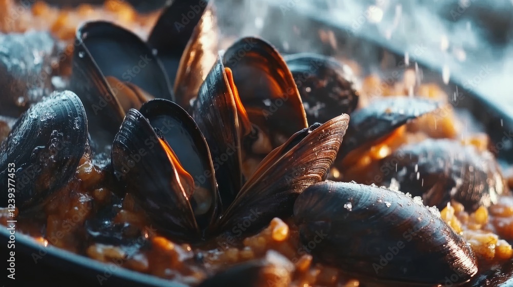 Fresh mussels are elegantly positioned on a savory rice dish, showcasing their dark shells. The setting features a glistening surface and warm lighting, enhancing the presentation and mood Fresh mussels are elegantly positioned on a savory rice dish, showcasing their dark shells. The setting features a glistening surface and warm lighting, enhancing the presentation and mood