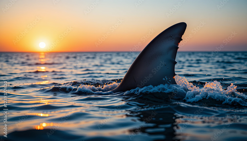 Fototapeta premium A shark fin breaks the surface of the calm ocean as the sun sets on the horizon, casting warm hues across the sky and shimmering water, creating a serene yet majestic moment