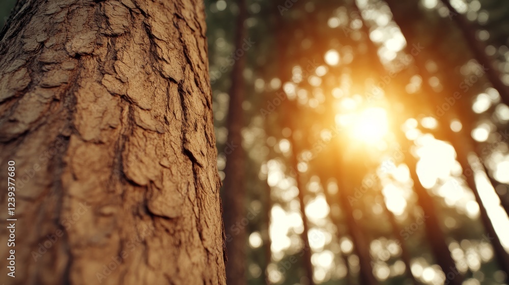 Obraz premium A beautiful green forest background with focus on tree trunk. Natural and serene sunlight in green forest.