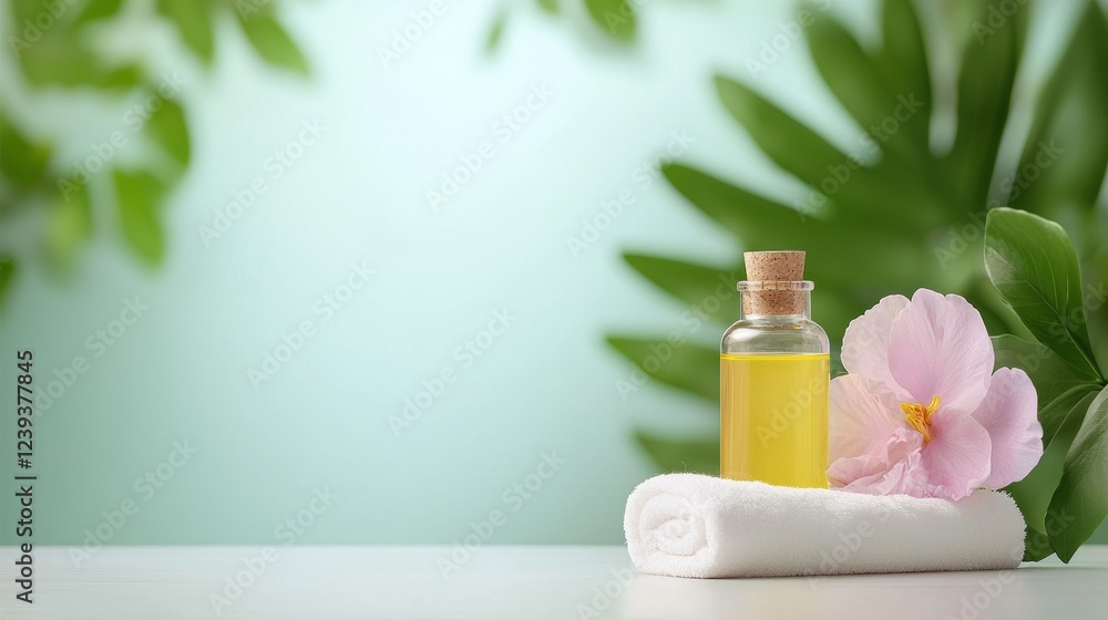 Spa treatment product photography featuring a small bottle of golden oil, a rolled white towel, and a soft pink flower, set against a soft teal background with blurred tropical leaves. Spa treatment product photography featuring a small bottle of golden oil, a rolled white towel, and a soft pink flower, set against a soft teal background with blurred tropical leaves.