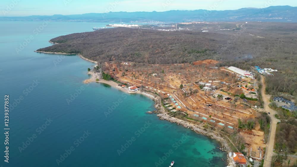 A stunning aerial drone view of Amiss Atea Camping Resort, located near the charming town of Njivice on the beautiful island of Krk, Croatia A stunning aerial drone view of Amiss Atea Camping Resort, located near the charming town of Njivice on the beautiful island of Krk, Croatia