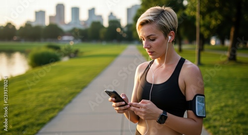 Woman Using Phone for Music During Run