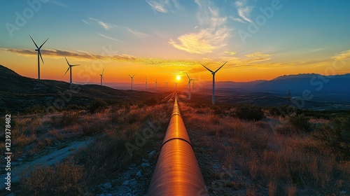 Fototapeta Naklejka Na Ścianę i Meble -  Industrial pipelines and wind turbines converging against sunset sky, symbolizing transition from fossil fuels toward clean energy infrastructure and sustainable power generation