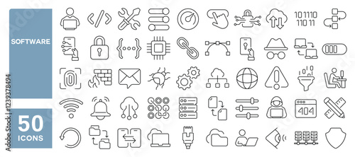 Set of 50 line icons related to software, development, coding, program, application, database, website, interface, site, operation, technology, Editable stroke. Vector illustration