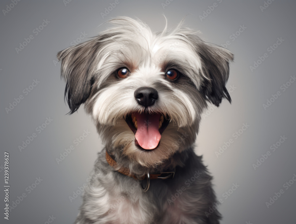 Happy small dog with fluffy fur and bright eyes, showcasing joyful expression. This adorable pet exudes warmth and friendliness, perfect for animal lovers Happy small dog with fluffy fur and bright eyes, showcasing joyful expression. This adorable pet exudes warmth and friendliness, perfect for animal lovers