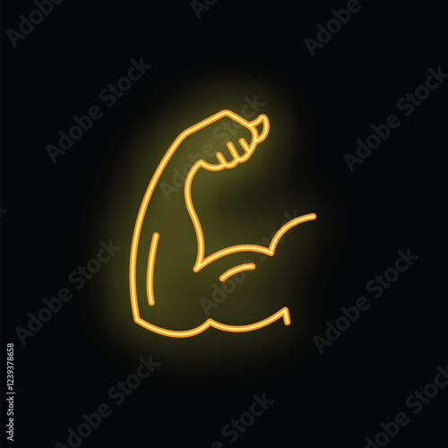 Bright yellow neon sign is glowing on a black wall showing a bicep flexing muscles