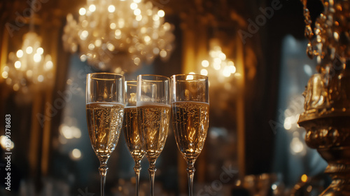 Crystal Flutes of Champagne Clinking Together in Celebration at a High-End Gala, Surrounded by Golden Chandeliers and Lavish Décor Creating a Luxurious Atmosphere