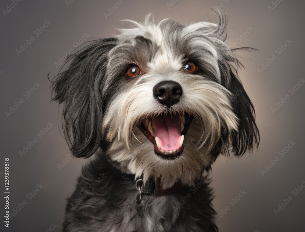 Happy dog with fluffy fur and bright eyes, showcasing joyful expression. This playful canine exudes warmth and friendliness, perfect for pet lovers Happy dog with fluffy fur and bright eyes, showcasing joyful expression. This playful canine exudes warmth and friendliness, perfect for pet lovers