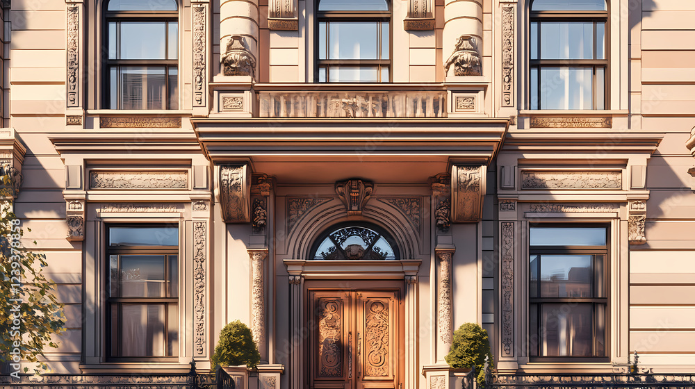 Captivating architectural facade of a classic brownstone building with intricate detailing and elegant ornamentation showcasing timeless design features. Architectural Style. Illustration Captivating architectural facade of a classic brownstone building with intricate detailing and elegant ornamentation showcasing timeless design features. Architectural Style. Illustration