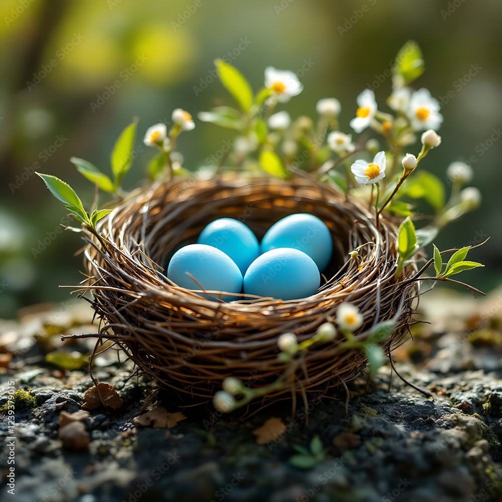 Obraz premium Blue eggs in a nest with flowers representing spring vibes in a natural background