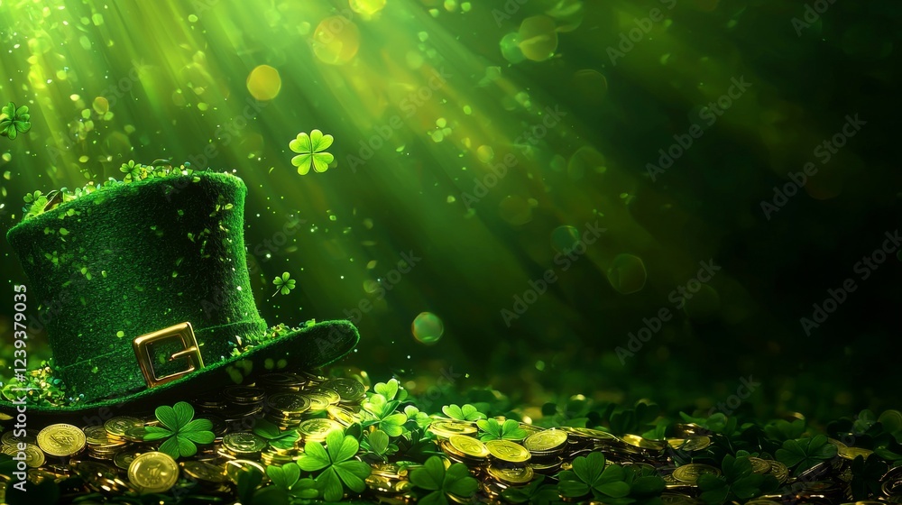 Naklejka premium Festive Saint Patrick's Day Scene Leprechaun Hat on Gold Coins and Shamrocks