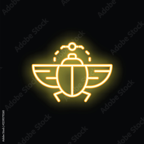 Neon yellow scarab beetle with open wings is spreading light with its antennae on a black background