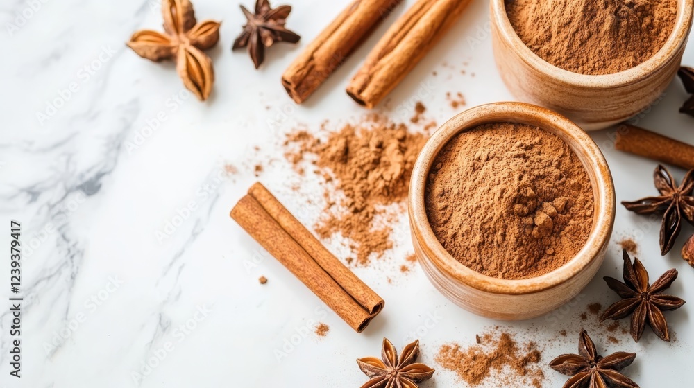 Wooden bowls brimming with ground cinnamon, accompanied by cinnamon sticks and star anise, resting on white marble surface with aromatic warmth Wooden bowls brimming with ground cinnamon, accompanied by cinnamon sticks and star anise, resting on white marble surface with aromatic warmth