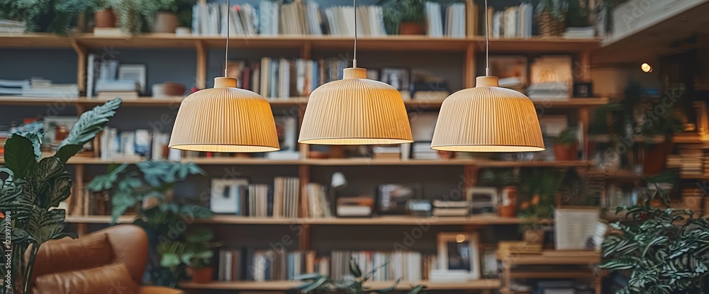Wooden pendant lamps illuminate a cozy library Wooden pendant lamps illuminate a cozy library