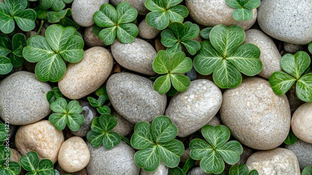Serene Garden Scene Smooth River Rocks and Lush Green Clover Leaves Saint Patrick's Day Serene Garden Scene Smooth River Rocks and Lush Green Clover Leaves Saint Patrick's Day