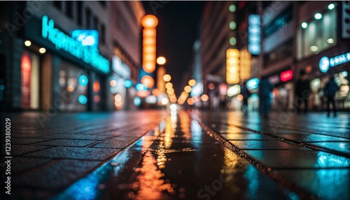 Wallpaper Mural City street view at night with reflections on wet pavement and colorful neon lights Torontodigital.ca