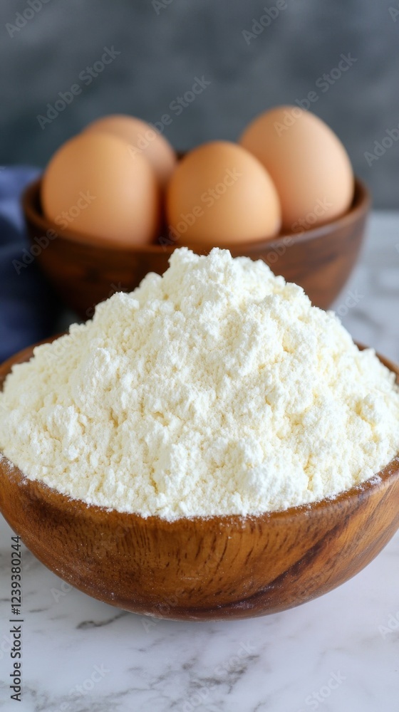 Flour and eggs are beautifully arranged in a rustic kitchen setting ready for baking delicious treats Flour and eggs are beautifully arranged in a rustic kitchen setting ready for baking delicious treats