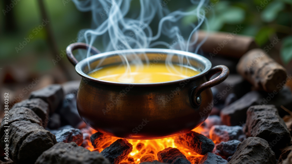 A large pot with a bubbling liquid, like stew or soup, being cooked over an open campfire. A large pot with a bubbling liquid, like stew or soup, being cooked over an open campfire.