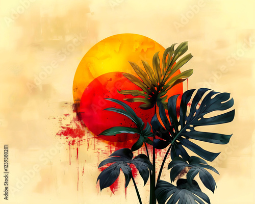 Colorful picture of silhouette of tropical leaves in sunlight on red sun background, design to decorate a wall or postcard photo