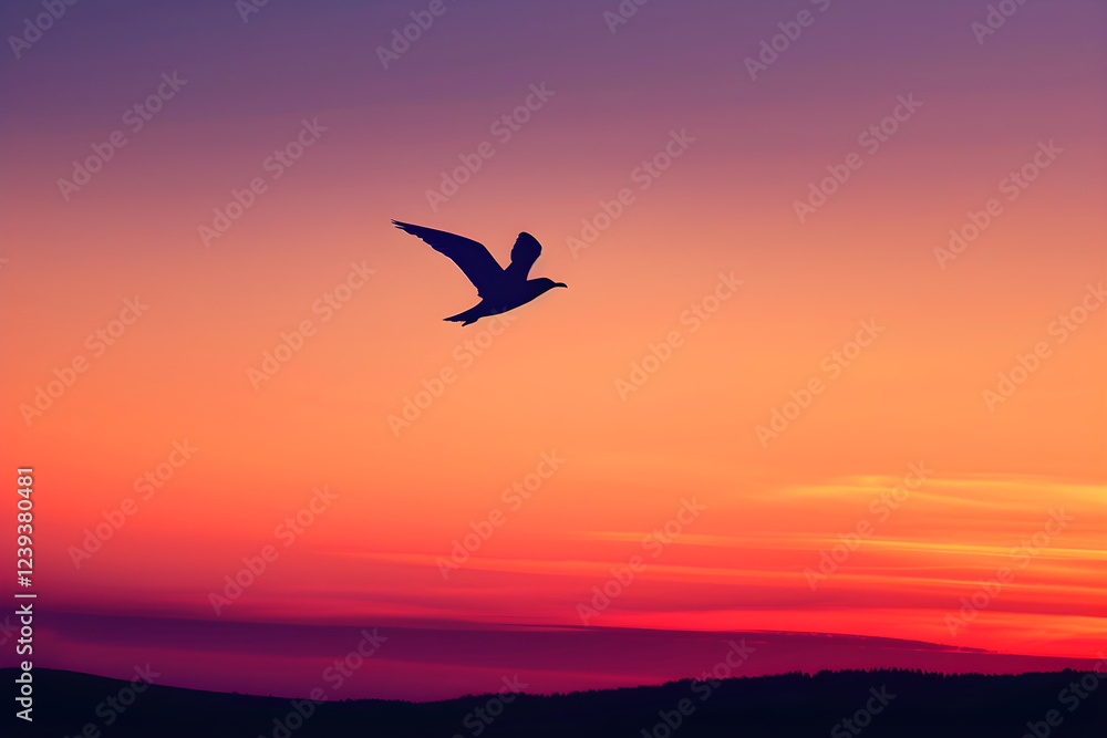 Silhouette of Bird in Flight at Sunset with Vibrant Sky and Serene Landscape, Evoking Freedom and Tranquility Silhouette of Bird in Flight at Sunset with Vibrant Sky and Serene Landscape, Evoking Freedom and Tranquility