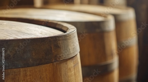 Wallpaper Mural Heavy wooden barrels are arranged in a dimly lit rustic warehouse, showcasing a blend of traditional craftsmanship and the art of aging beverages over time in a charming setting Torontodigital.ca