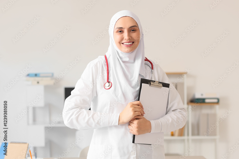 Female Muslim doctor in hijab with clipboard at hospital Female Muslim doctor in hijab with clipboard at hospital