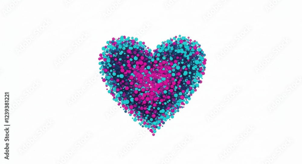 A heart composed of numerous small dots the dots are color in a variety of hues including shades of blue magenta and turquoise on white background A heart composed of numerous small dots the dots are color in a variety of hues including shades of blue magenta and turquoise on white background